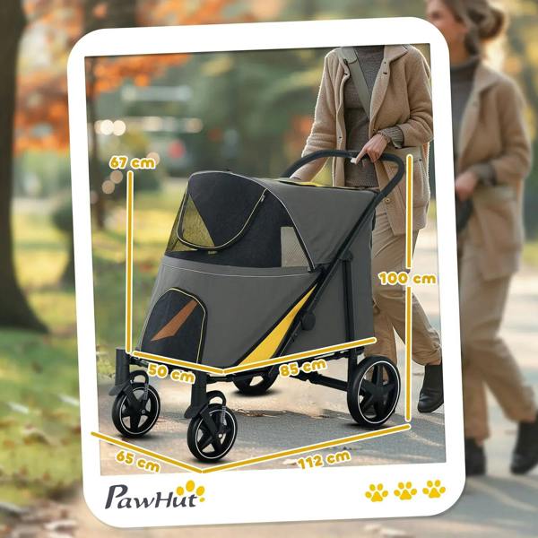 Foldable pet stroller, dark grey fabric with mesh side window and handle