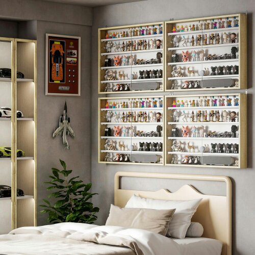 Wyld Haus Nivise Wood And Glass Natural Finish 5 Tier Wall Display Cabinet With Adjustable Shelves 60 x 80 cm