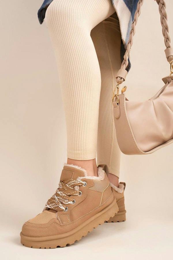 Leiza Chunky Lace Up Faux Fur Trainers - Camel