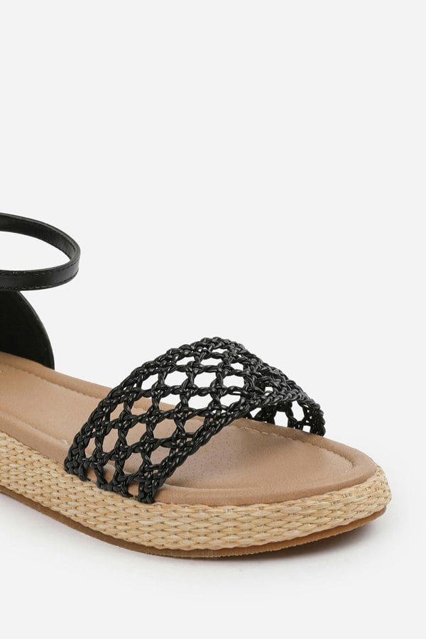 Where's That From Shia Braided Strap Espadrille Flatform  With Buckle Ankle Strap in Black Faux Leather