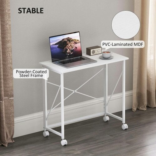 Wyld Haus Romira 80cm Metal White Folding Desk Lockable Wheels