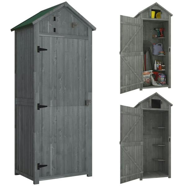 Grey wooden storage shed with double doors and latching hardware