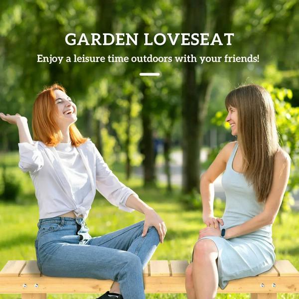 Natural fir wooden garden loveseat bench with slatted seat and sturdy side supports