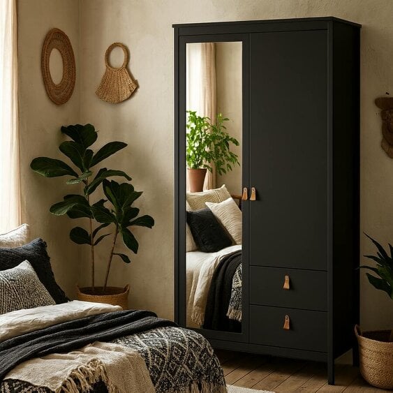 Wyld Haus Wildberry Matt Black Wooden Mirror Wardrobe  2 Doors 2 Drawers Leather Handles
