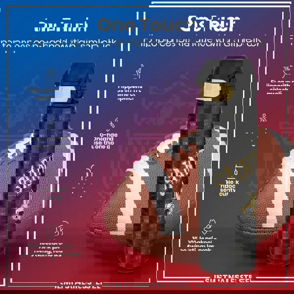 A New Orleans Saints-themed water bottle, with a flip top that opens one-handed, rests beside a football. The bottle features a triple lock security and is 100% leak-proof. The text on the bottle repeatedly says "Saints" and "Who Dat?".