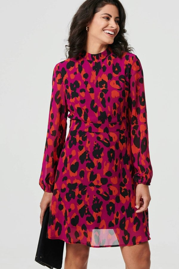 Purple | Animal Print Tie Waist Mini Skater Dress
