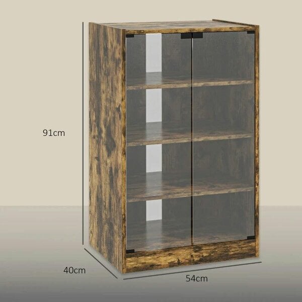 Bobobiy 4-Tier Hi-Fi Stand, Record Player Stand with Adjustable Shelves and Push-to-Open Glass Doors, Rustic Brown