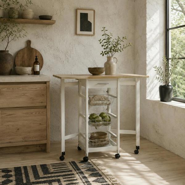 Wyld Haus Ziha Wooden White Oak Tone Drop Leaf Kitchen Trolley With Baskets And Wheels