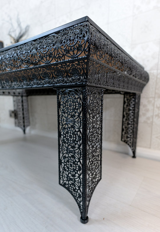 Downton Interiors Black Embossed Metal Mirrored Glass Coffee Table - Agadir Range