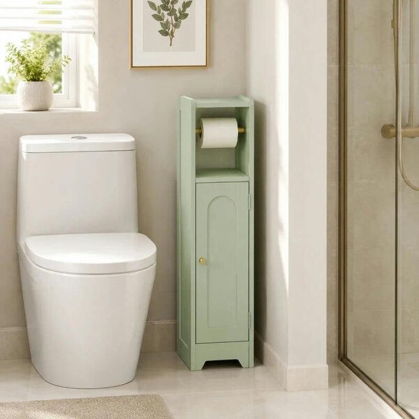 Small Bathroom Storage Cabinet with Toilet Roll Holder - Light Green
