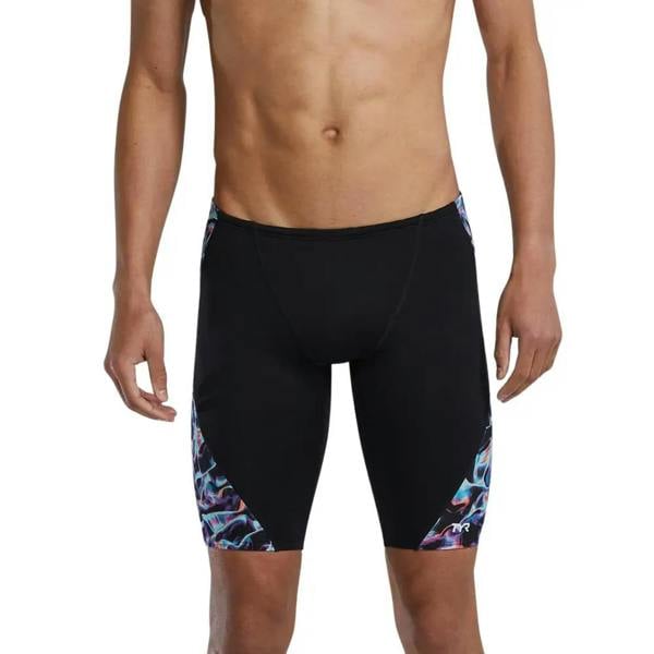 Black and purple shark print TYR Energia Durafast blade splice swim jammer