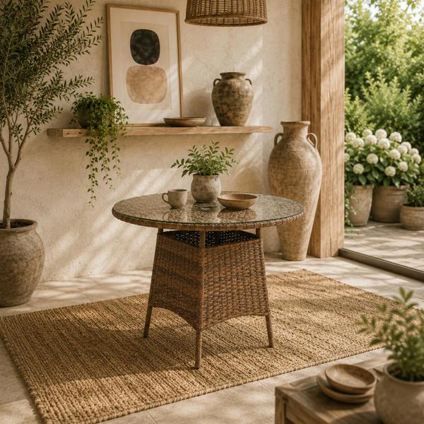 Wyld Haus Rotasa Rattan Brown Outdoor Rpund Coffee Table With Tempered Glass Top And Parasol Hole