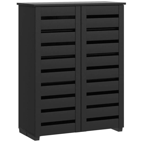 Black narrow shoe cabinet with 2 slatted doors and 5-tier slim storage shelves