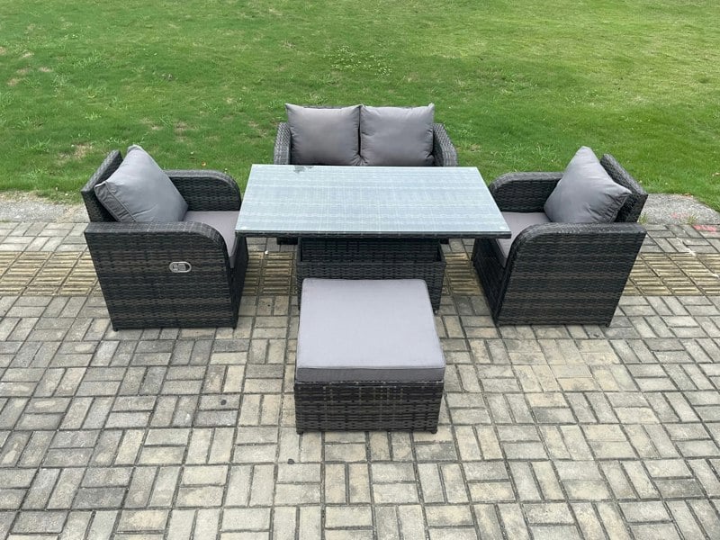 Fimous PE Rattan Outdoor Garden Furniture Set Height Adjustable Rising lifting Dining Table With Love Sofa Chair Big Footstool