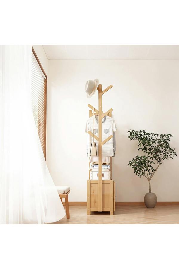 Living and Home Freestanding Bamboo Clothes Rack Garment Rack with Storage Shelves Coat Hanger