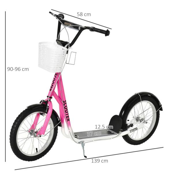 Pink kids kick scooter with black handlebar, front basket, and black inflatable wheels
