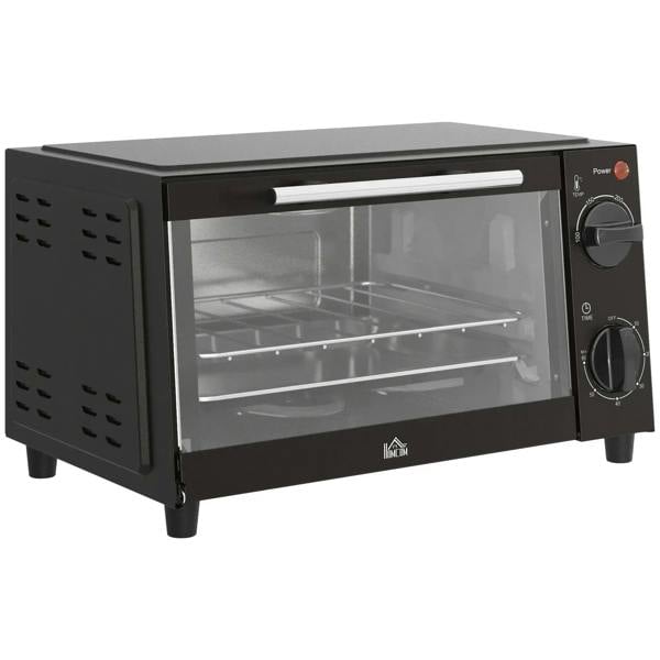 Black countertop mini oven with clear glass door and inner wire rack, front view.
