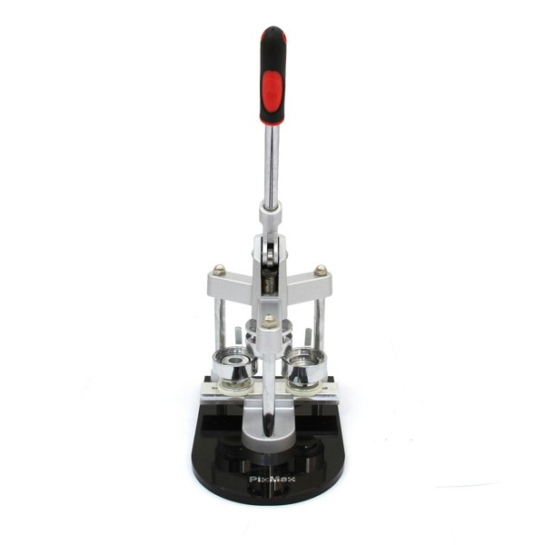 Heavy-duty PixMax badge maker with a sleek silver and black design, featuring a comfortable red handle for easy pressing