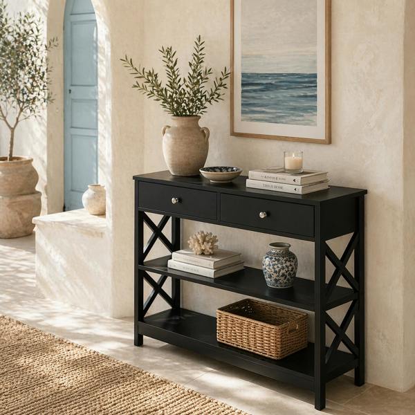 Wyld Haus Kafa 100cm Wooden Black X Frame Console Table With Drawers And 2 Shelves