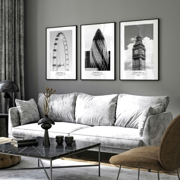 Wall pictures for living room ideas | set of 3 London wall art prints