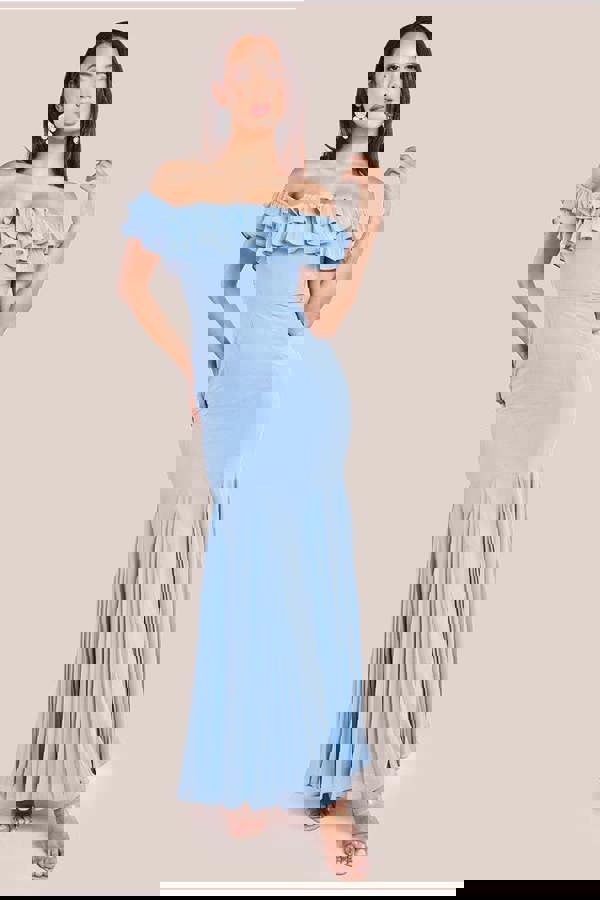 Frilled Off The Shoulder Pleated Chiffon Maxi Dress - Dusky Blue DR4273