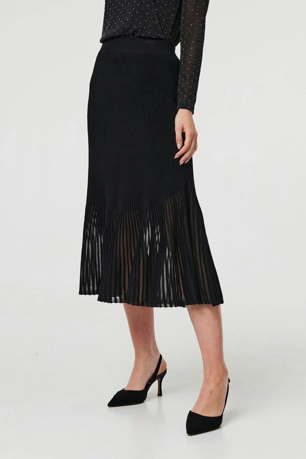 Black | Semi Sheer Pleat High Waist Midi Skirt
