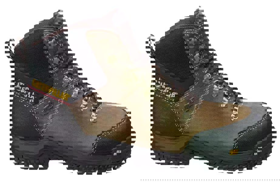Caterpillar Framework Mens Steel Toe/Composite Midsole S3 Work Safety Boots, rugged brown and black work boots with steel toe cap, durable sole, and supportive ankle padding.