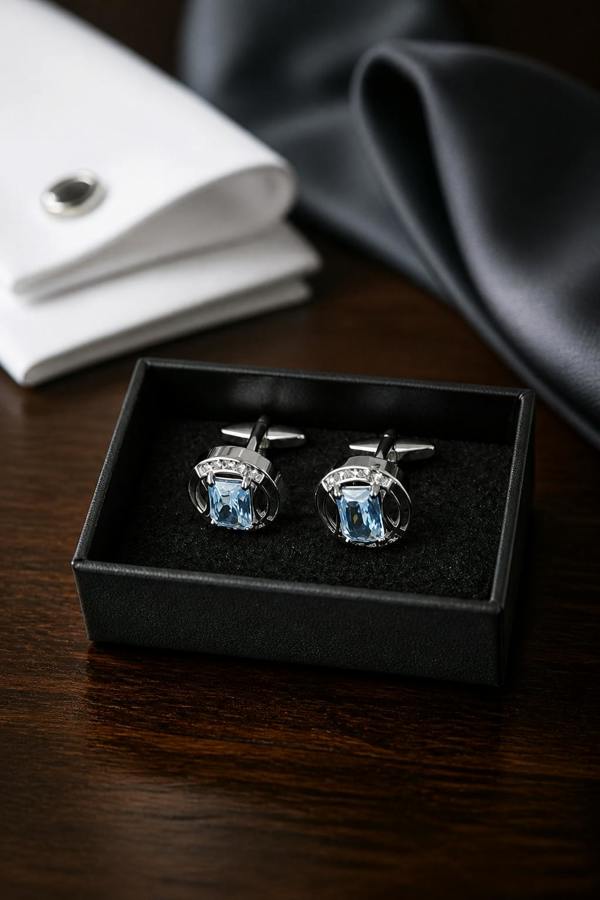 Pamoni Sky Blue Crystal & Diamond Accent Cufflinks