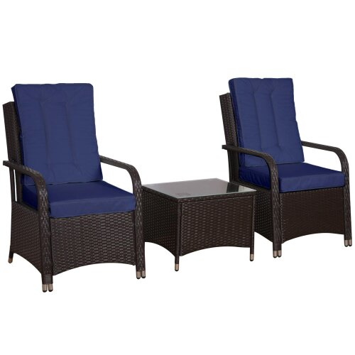 Wyld Haus Rereha Dark Blue Rattan 3 Piece Bistro Set With Glass Table And Protective Cover