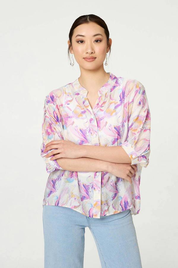 Pink | Abstract Curve Hem 3/4 Sleeve Blouse