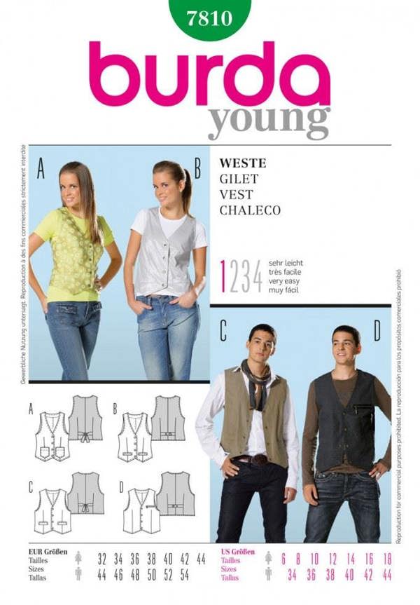Burda Sewing Pattern 7810 Waistcoats For Men and Women, 6-18 / 34-44 - Easy