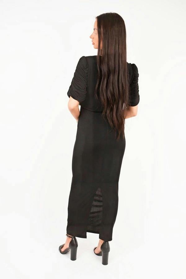 Elvira Ruched Short Sleeve Maxi Dress With Draped Bodice - Black