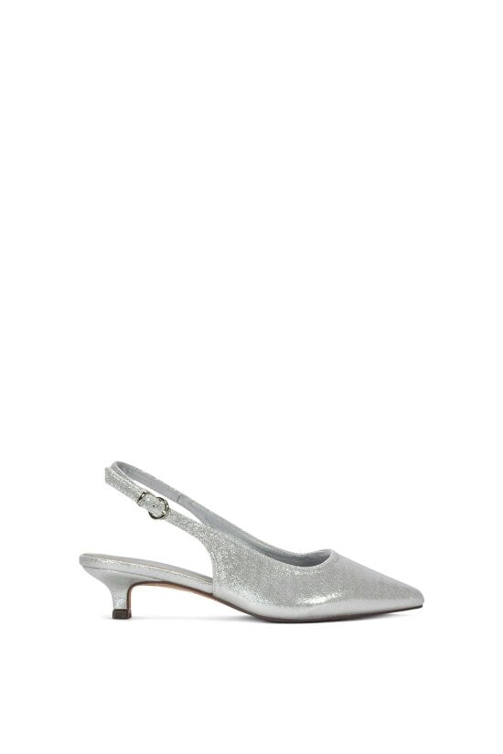 XY LONDON Slingback Kitten Heel Court Shoes With Pointed Toe - Silver