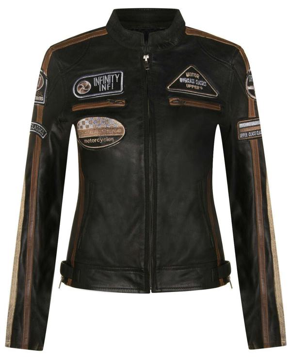 Infinity Leather Womens Leather Biker Racing Badges Jacket-Agadir