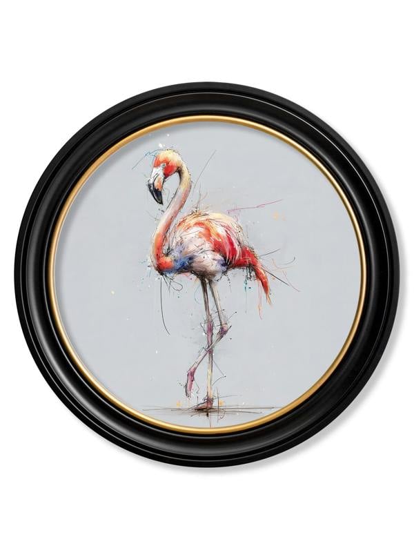 Exceptional Art Pink Flamingo Cosy Sketch - Oxford Round Frame