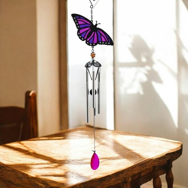 EDH Door Hardware Suncatcher Purple Butterfly Wind Chime (58cm x 14cm x 6cm) – Handmade Metal & Glass Hanging Chime – Outdoor Garden Ornament