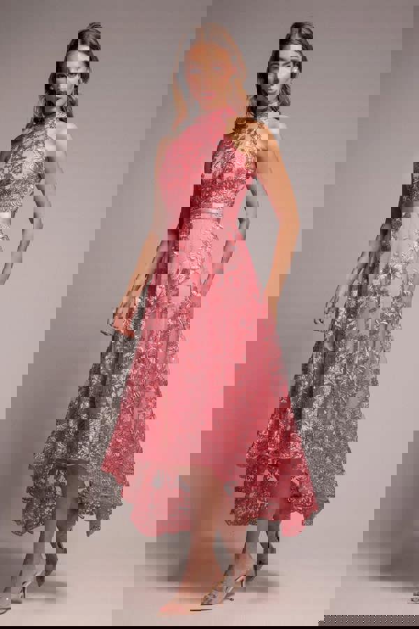 Halter Neck Lace High And Low Dress - Coral DR3346QZ