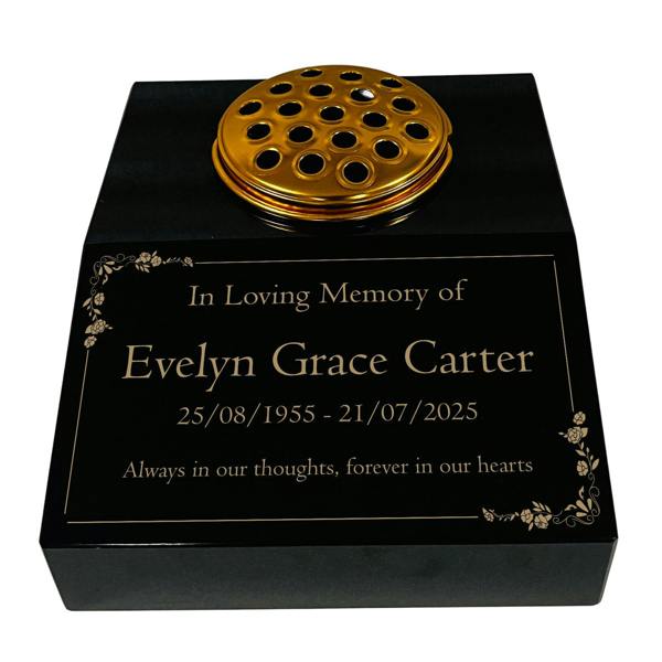 Memorials Direct Black Granite Sloping Memorial Desk with Vase – Floral Design, Free Gold Engraving