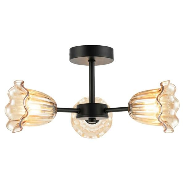 Designer Matte Black Ceiling Light with Amber Floral Glass Shades Image 4