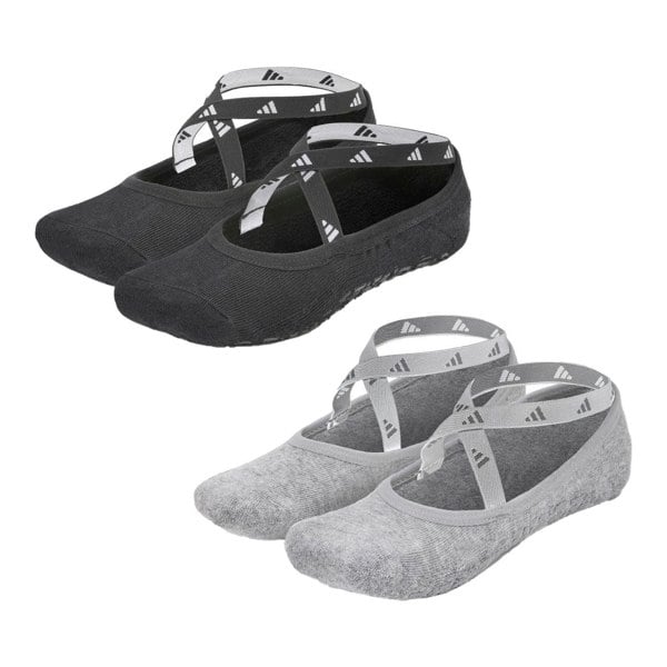 Two pairs of black and grey adidas studio yoga socks