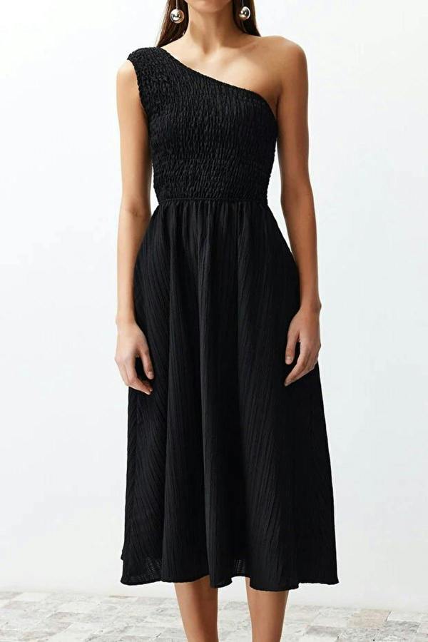 WOVCOR Waist-Leg Embellished One-Shoulder Midi Woven Dress