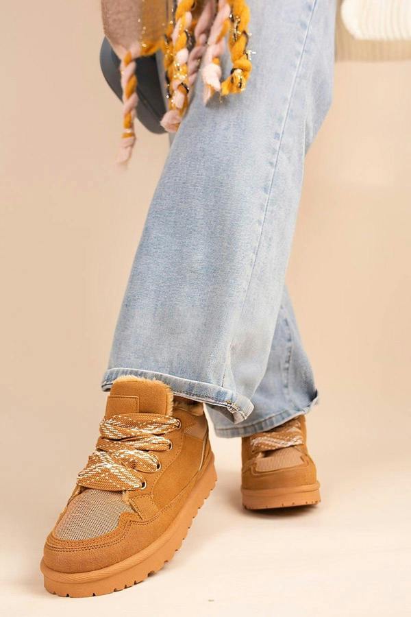 Leiza Chunky Lace Up Faux Fur Trainers - Camel