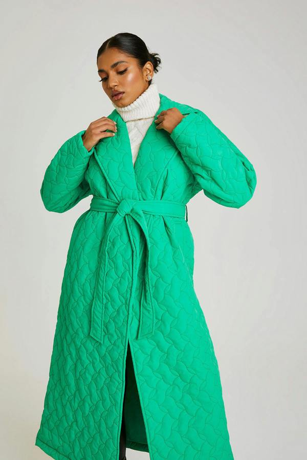 Urban Bliss Green Longline Quilted Belted Coat