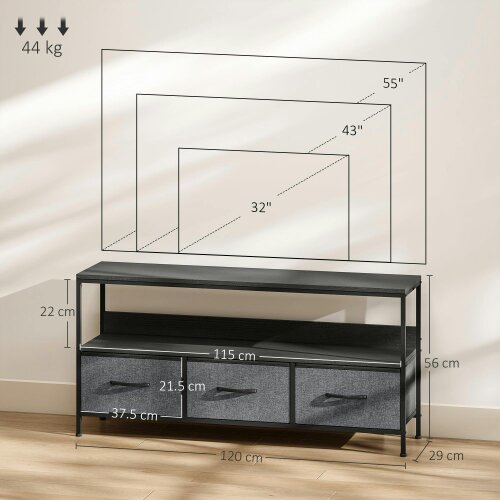 Wyld Haus Avanor 120cm Black TV Storage Unit With 3 Fold Down Fabric Drawers