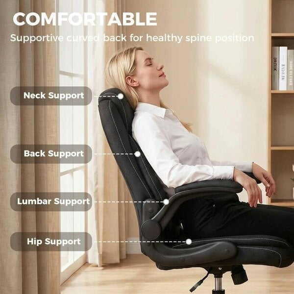 Linen-Look Computer Desk Chair, Executive Office Chair with Flip-Up Armrests and Thick Cushion, Black