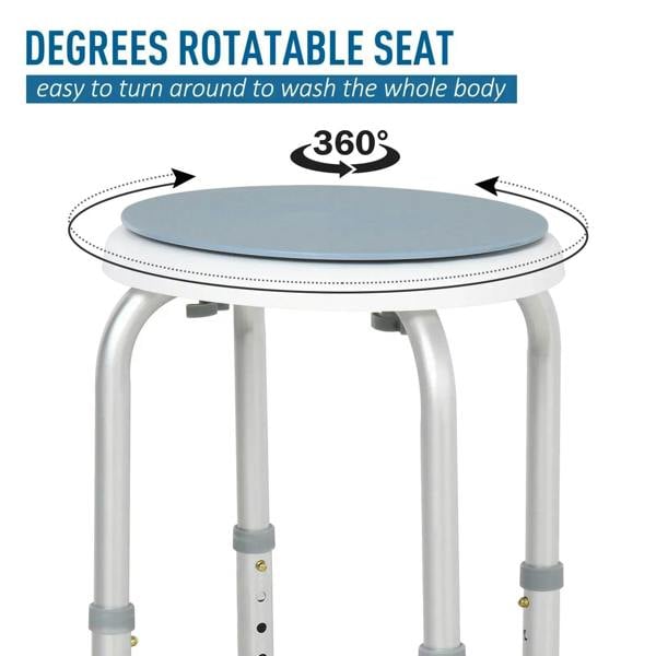 Light blue round swivel shower stool with white frame and padded-looking seat.