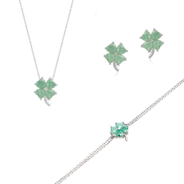 Spero London Best of Luck Four Leaves Clover Sterling Silver Bracelet Necklace & Stud Earrings Set