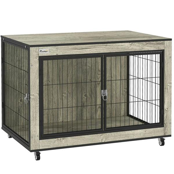 Grey dog crate furniture with wheels, double doors and metal wire front, medium size
