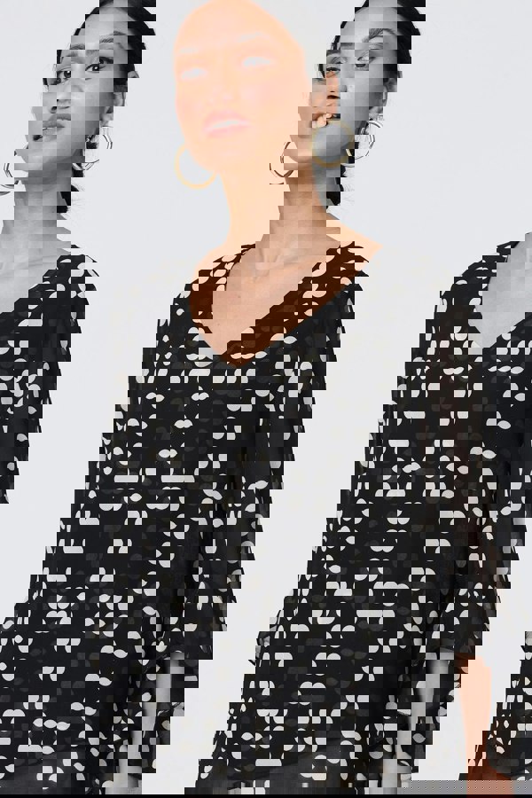 Black | Dot Print Semi Sheer Flare Sleeve Blouse
