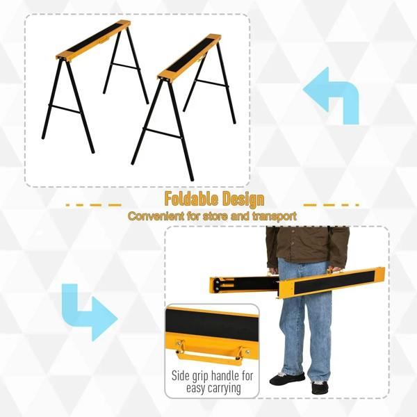 Pair of foldable orange sawhorse stands shown with easy-carry side handle.